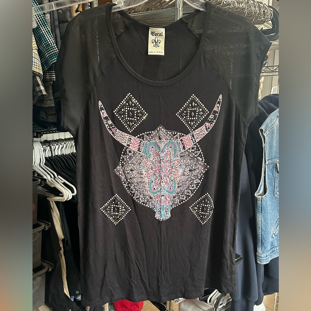 Vocal Black Embellished Bull Skull Graphic Tee